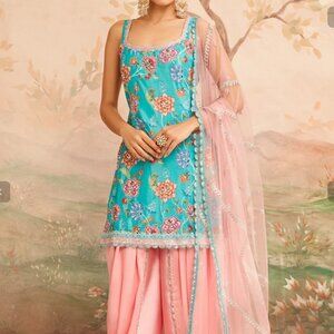 Lashkaraa  Blue Silk Printed Floral Round Kurta Pant Set
